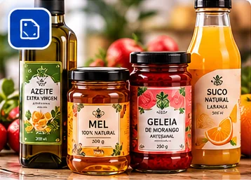 Produtos alimentícios com rótulos personalizados: azeite, mel, geleia e suco