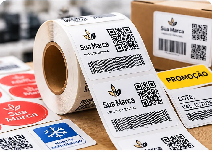Etiquetas adesivas para identificação, códigos de barras, QR Codes e promoções