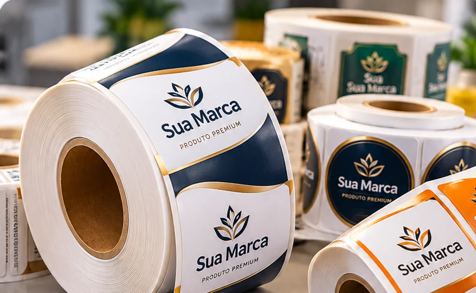 Bobinas de rótulos adesivos personalizados com impressão colorida e acabamento premium